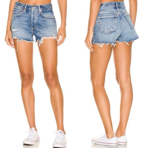 AGOLDE Parker Cut-Off Denim Shorts in Clutch Distressed Raw Hem - Size 28 - Picture 1 of 6